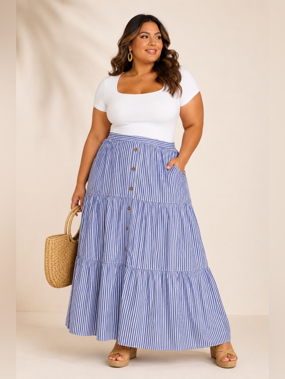 Lane Bryant Plus Size 18/20 Blue White Striped Button Front Tiered Maxi Skirt 10